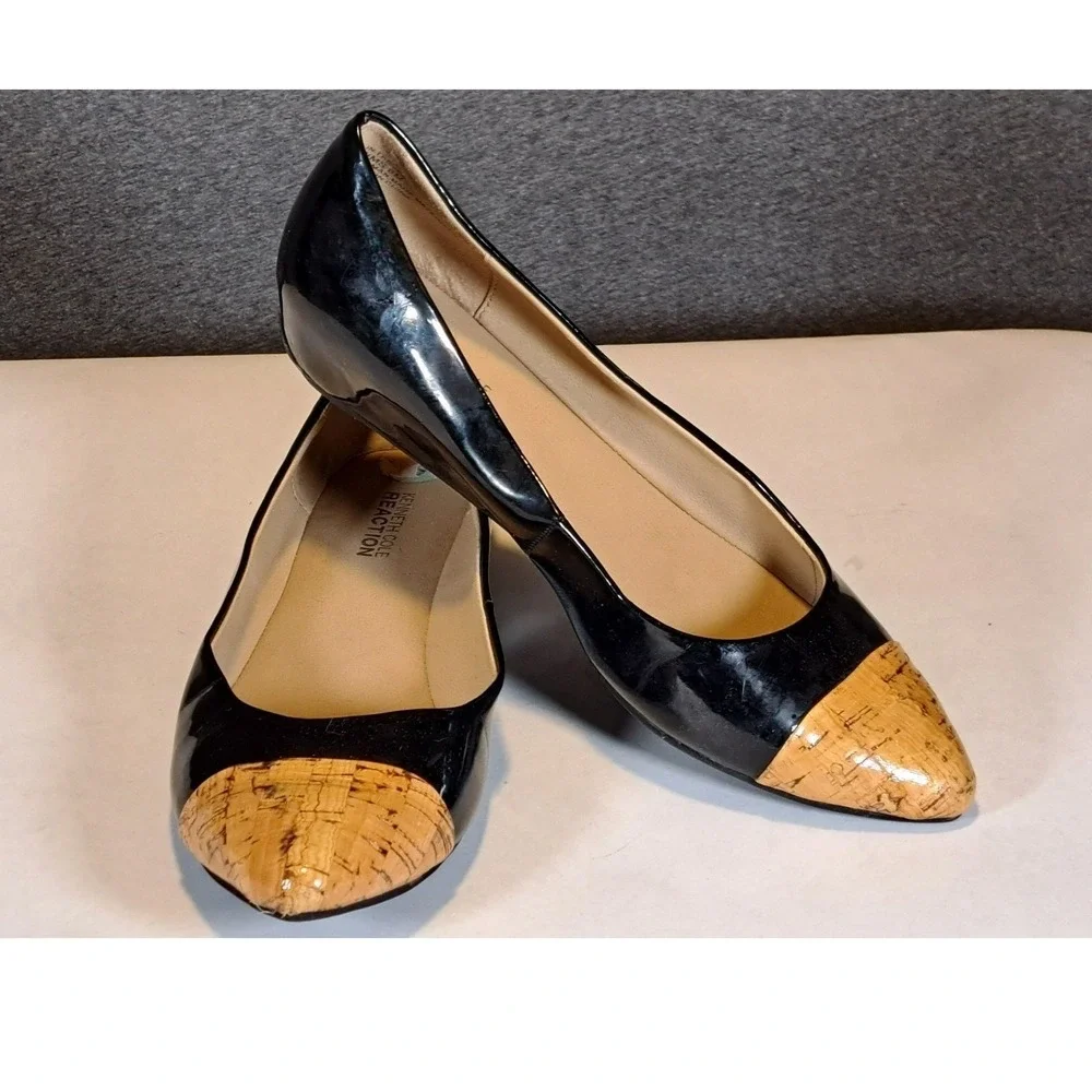 Kenneth Cole Reaction‎ In The Jeans Black Patent Cork Cap Toe Wedge Flats 8M